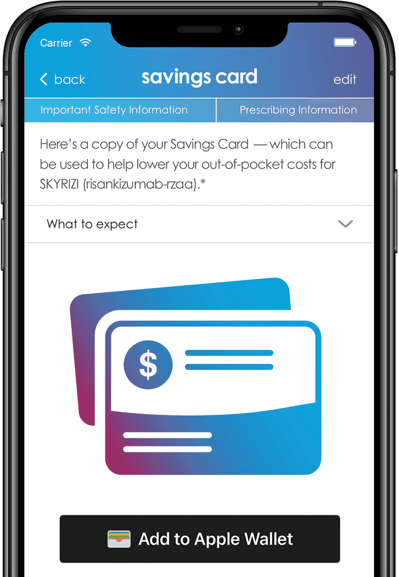 Phone showing the Skyrizi Copay Card
