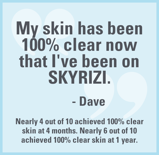 My skin has been 100% clear now that I've been on SKYRIZI." -Dave (Nearly 4 out of 10 achieved 100% clear skin at 4 months. Nearly 6 out of 10 achieved 100% clear skin at 1 year.)
