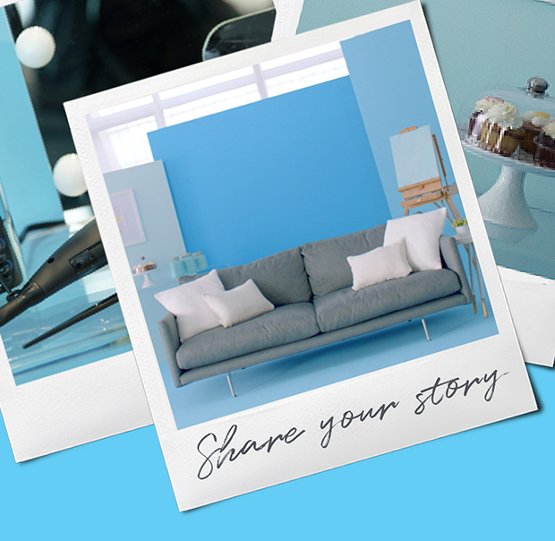 A Polaroid of a Couch With the Words "Share Your Story" Underneath
