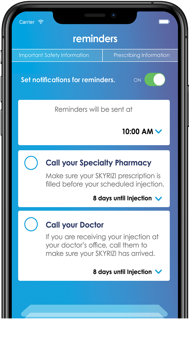 Phone screen displaying treatment reminders and resources on the skyrizi complete app