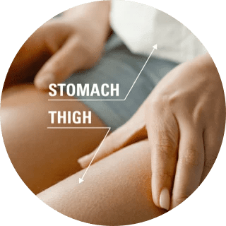 An image of 2 injection sites: the stomach and the thigh