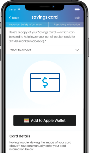 Visual of Skyrizi Savings Card in App