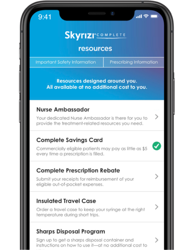 Hand holding up Skyrizi Complete Savings Card in sky